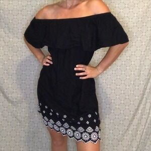 Old Navy Black White Linen Blend Off The Shoulder Cutwork Hem Mini Dress Size XL